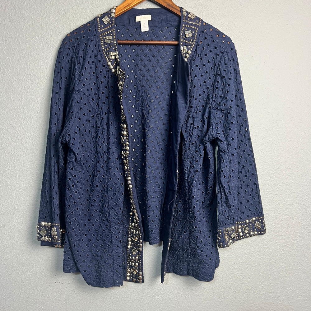 Chico's Embellished Eyelet Jacket Open Front Cardigan Topper Blue‎ Size 3 - XL